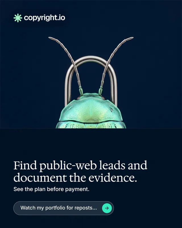 Instagram portrait post for copyright.io: "Find public-web leads and document the evidence." Agentic glass style, bottom layout, dark palette in black, blue.