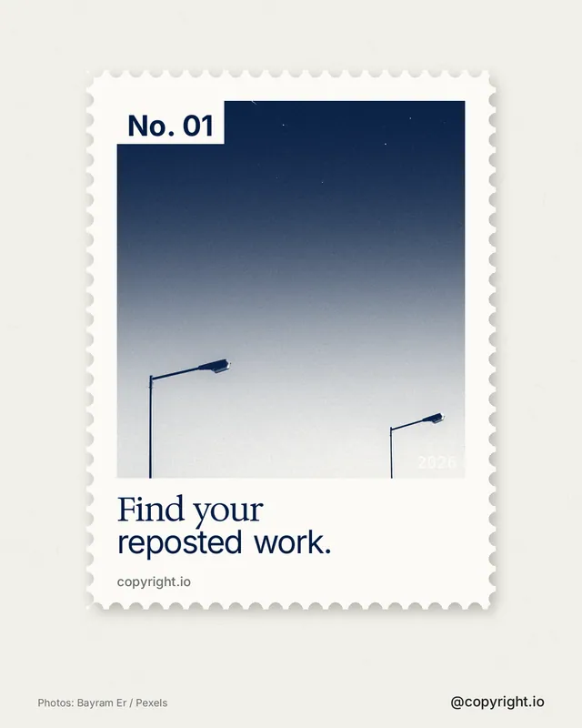 Instagram portrait post for copyright.io: "Find your reposted work." Single style, technique:stamp series layout, light palette in white, grey.