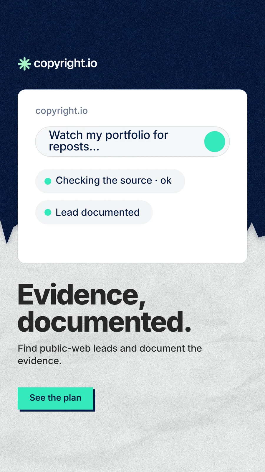 Instagram story for copyright.io: "Evidence, documented." Paper trio style, bottom layout, light palette in white, blue, grey.