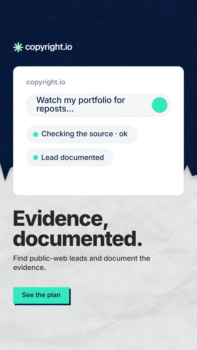 Instagram story for copyright.io: "Evidence, documented." Paper trio style, bottom layout, light palette in white, blue, grey.