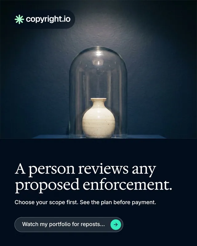 Instagram portrait post for copyright.io: "A person reviews any proposed enforcement." Agentic glass style, bottom layout, dark palette in blue, black, grey.
