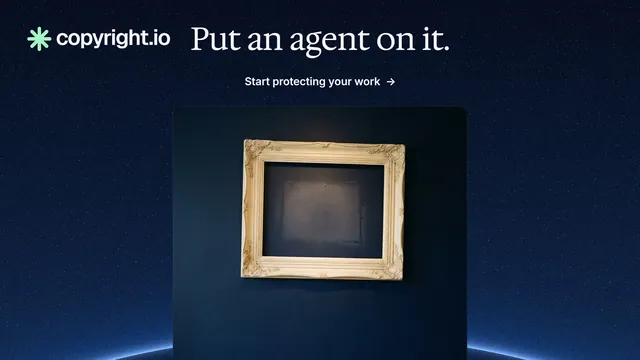 Landscape graphic for copyright.io: "Put an agent on it." Agentic glass style, ogui layout, dark palette in black, blue, grey.