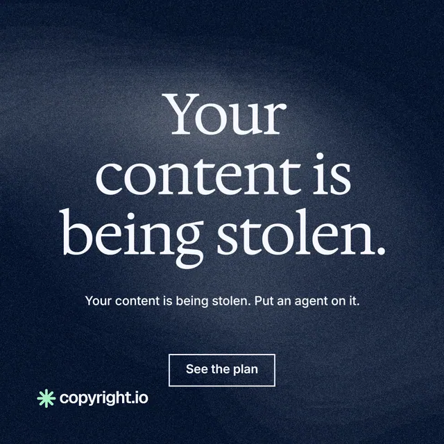 Instagram post for copyright.io: "Your content is being stolen." Cyanotype style, centred layout, dark palette in black, blue, grey.
