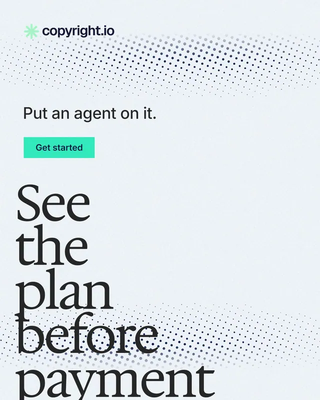 Instagram portrait post for copyright.io: "See the plan before payment." Swiss style, oversized layout, light palette in white.