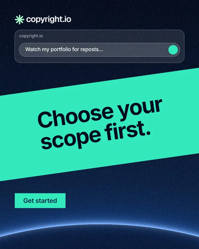 Instagram portrait post for copyright.io: "Choose your scope first." Swiss style, diagonal layout, dark palette in teal, blue, black.