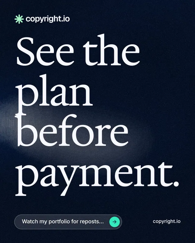 Instagram portrait post for copyright.io: "See the plan before payment." Thermal style, poster layout, dark palette in black, blue, grey.