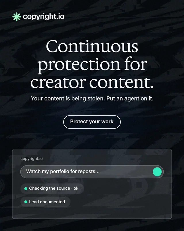 Instagram portrait post for copyright.io: "Continuous protection for creator content." Phosphor atlas style, centred layout, dark palette in black, grey.