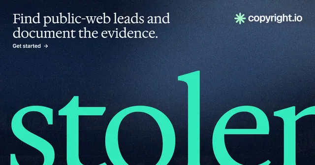 Social ad for copyright.io: "Find public-web leads and document the evidence." Agentic glass style, ogword layout, dark palette in blue, black, teal.