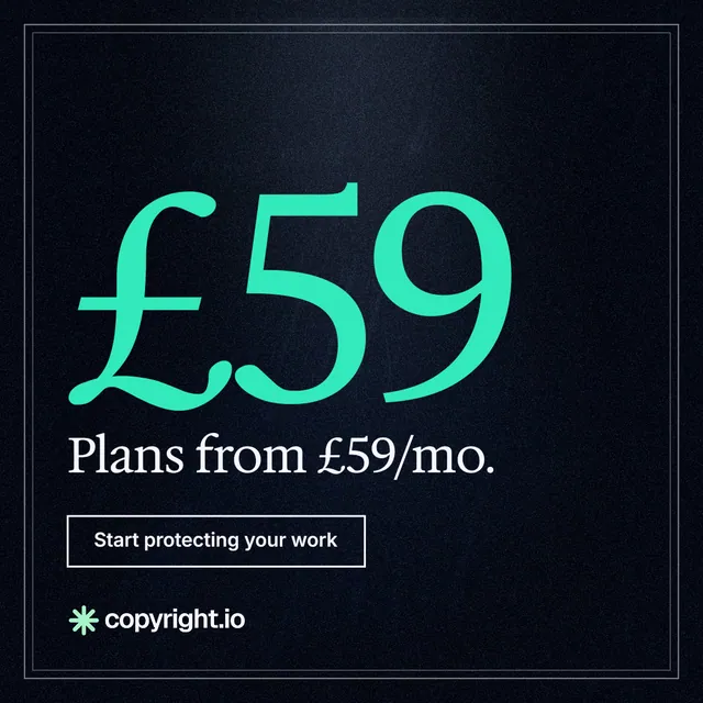 Instagram post for copyright.io: "Find your reposted work." Dark deco style, stat layout, dark palette in black, blue, teal.