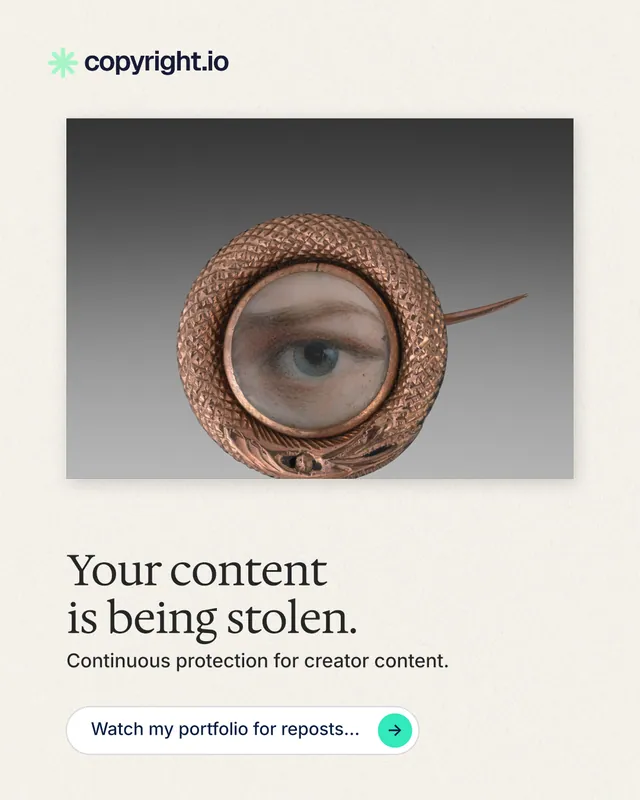 Instagram portrait post for copyright.io: "Your content is being stolen." Agentic glass style, bottom layout, light palette in white, grey.
