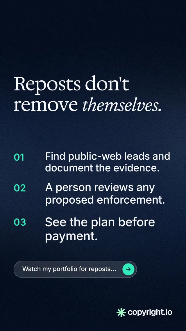 Instagram story for copyright.io: "Reposts don't remove themselves." Agentic glass style, numbered layout, dark palette in black, blue, grey.