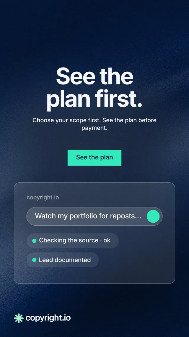 Instagram story for copyright.io: "See the plan first." Swiss style, centred layout, dark palette in blue, black.
