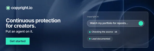 X header for copyright.io: "Continuous protection for creators." Swiss style, bottom layout, dark palette in blue, teal.