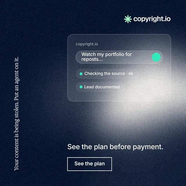 Instagram post for copyright.io: "Your content is being stolen. Put an agent on it." Cyanotype style, vertical layout, dark palette in black, blue, grey.