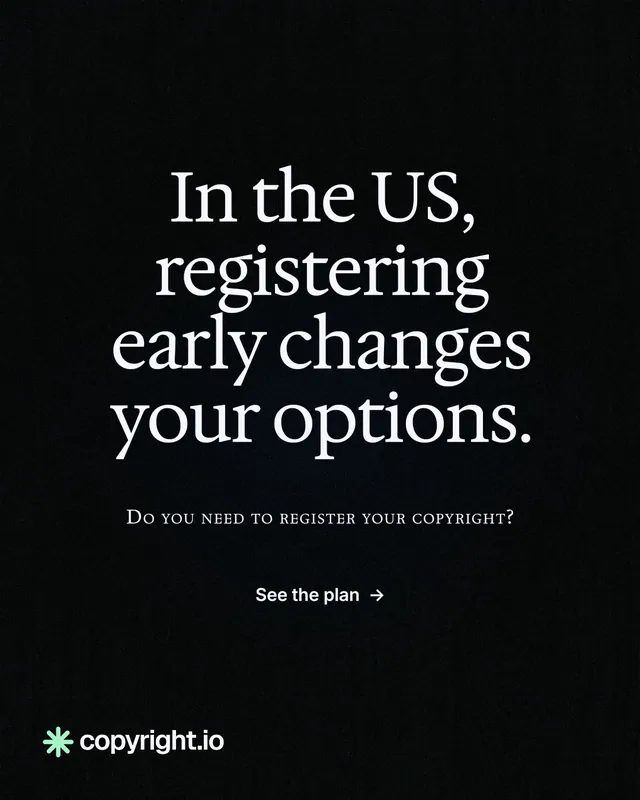 Instagram portrait post for copyright.io: "In the US, registering early changes your options." Phosphor atlas style, smallcaps layout, dark palette in black, grey.