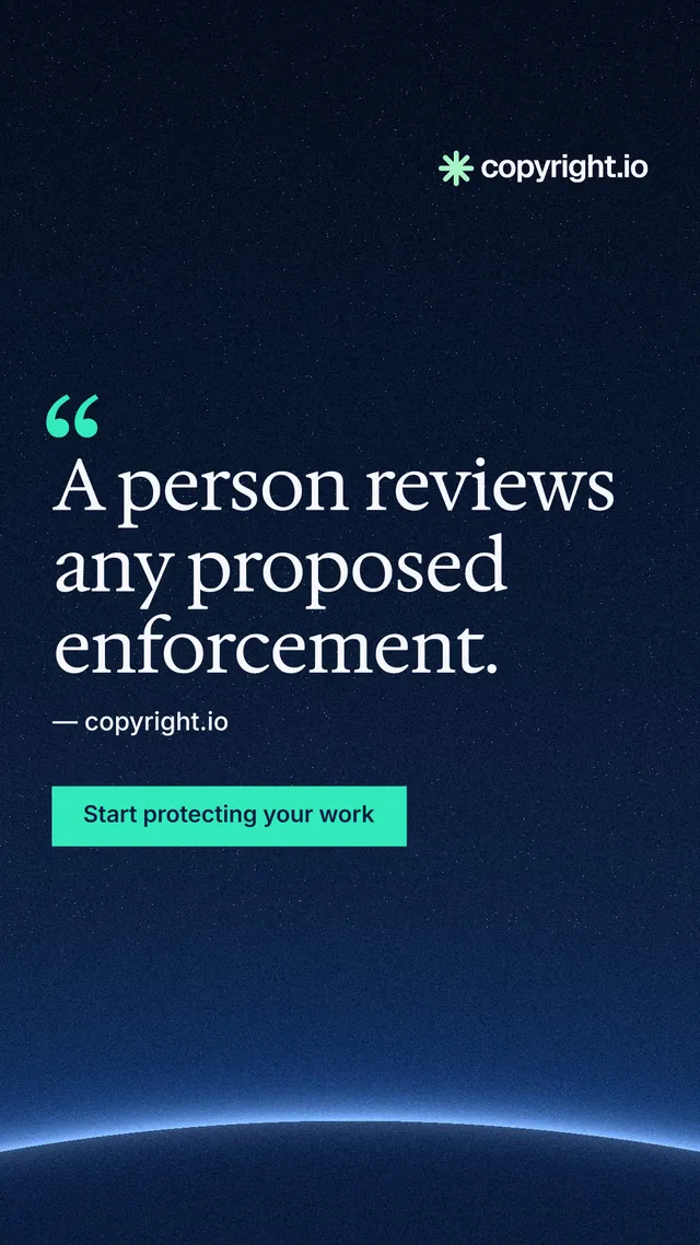 Instagram story for copyright.io: "A person reviews any proposed enforcement." Swiss style, quote layout, dark palette in blue, black.