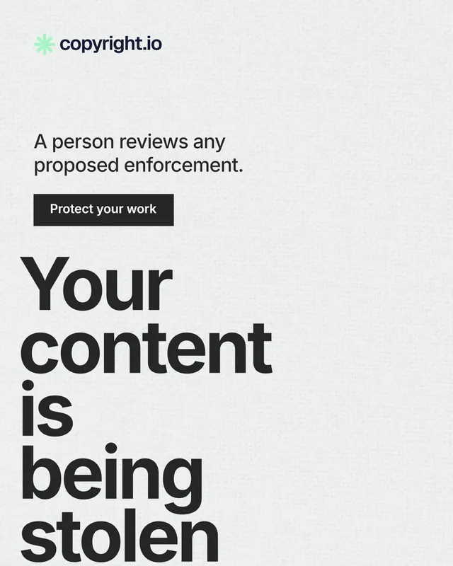 Instagram portrait post for copyright.io: "Your content is being stolen." Swiss style, oversized layout, light palette in white, grey.