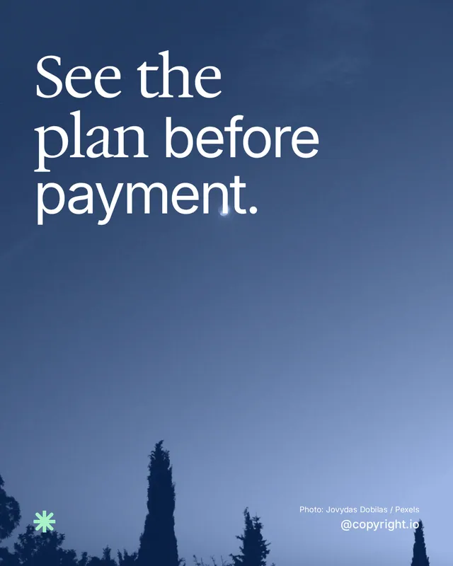 Instagram portrait post for copyright.io: "See the plan before payment." Duotone style, technique:pexels ingredient layout, dark palette in blue.