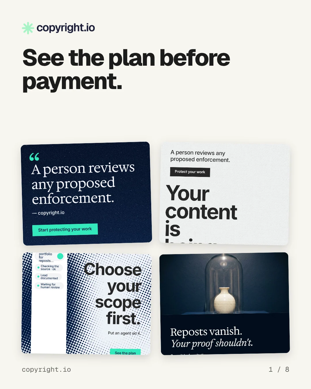 Carousel for copyright.io: "See the plan before payment.". Collection carousel, 8 slides, light palette.
