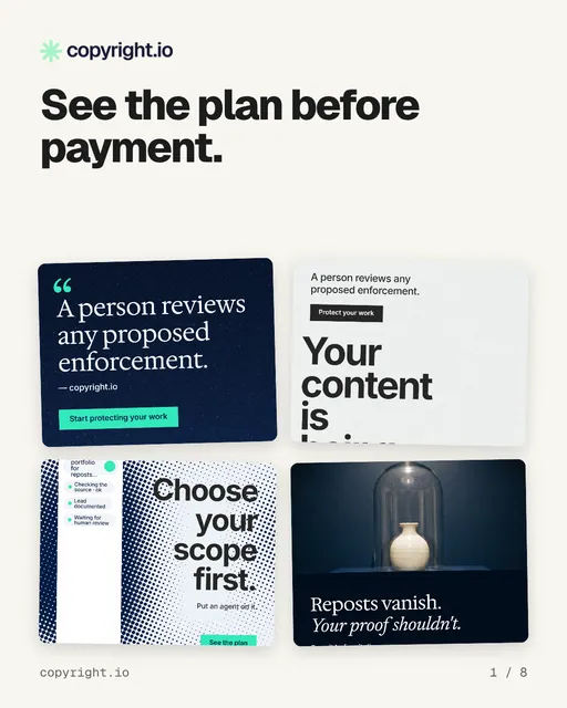 Carousel for copyright.io: "See the plan before payment.". Collection carousel, 8 slides, light palette.