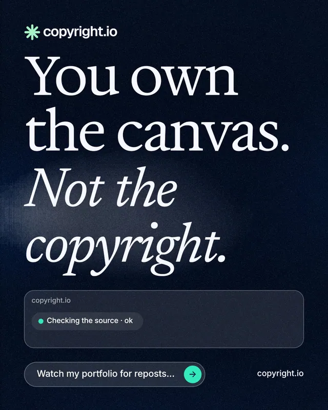 Instagram portrait post for copyright.io: "You own the canvas. Not the copyright." Thermal style, poster layout, dark palette in blue, black, grey.