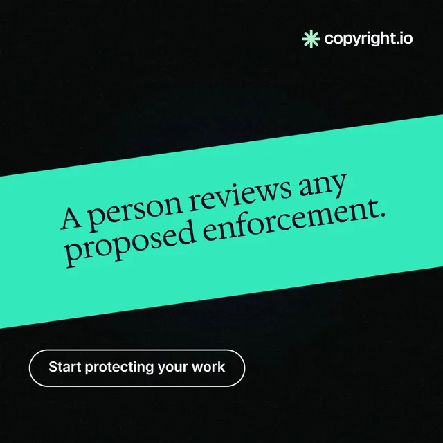 Instagram post for copyright.io: "A person reviews any proposed enforcement." Phosphor atlas style, diagonal layout, dark palette in black, teal.