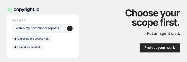 X header for copyright.io: "Choose your scope first." Swiss style, right layout, light palette in white, grey.