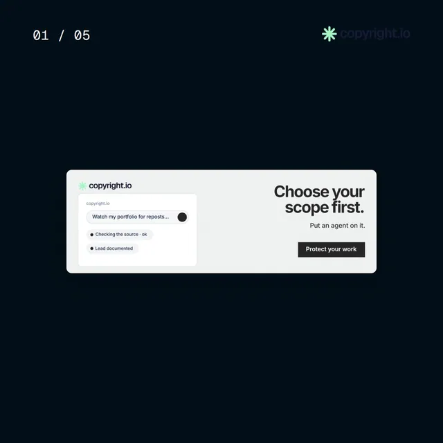 Video for copyright.io. Ad flipbook, 7.5 s, dark palette.