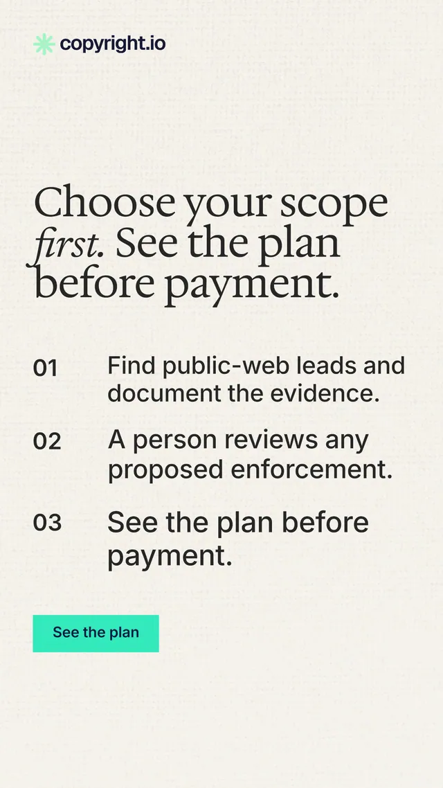 Instagram story for copyright.io: "Choose your scope first. See the plan before payment." Swiss style, numbered layout, light palette in white, grey.
