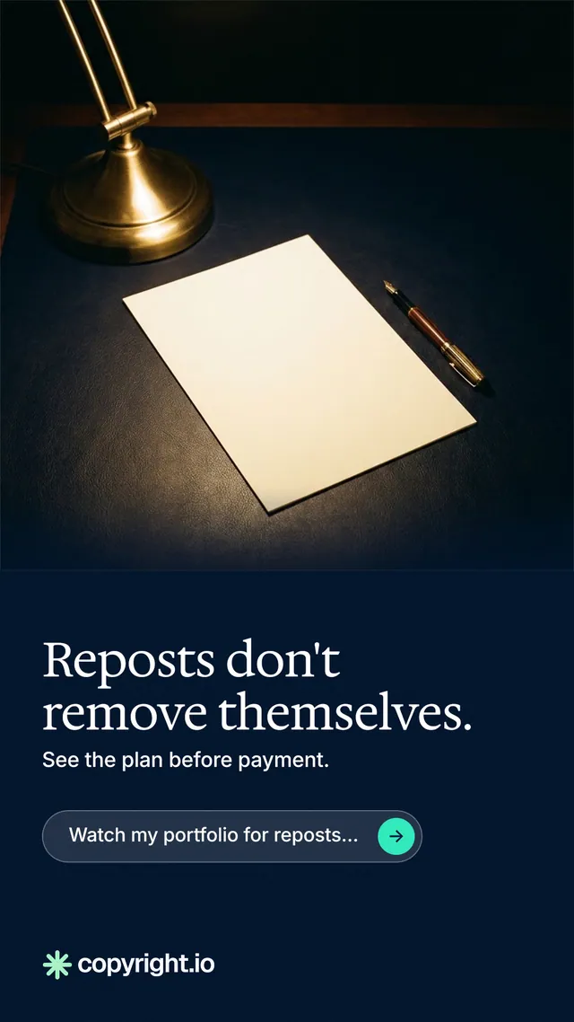 Instagram story for copyright.io: "Reposts don't remove themselves." Agentic glass style, bottom layout, dark palette in black, grey.