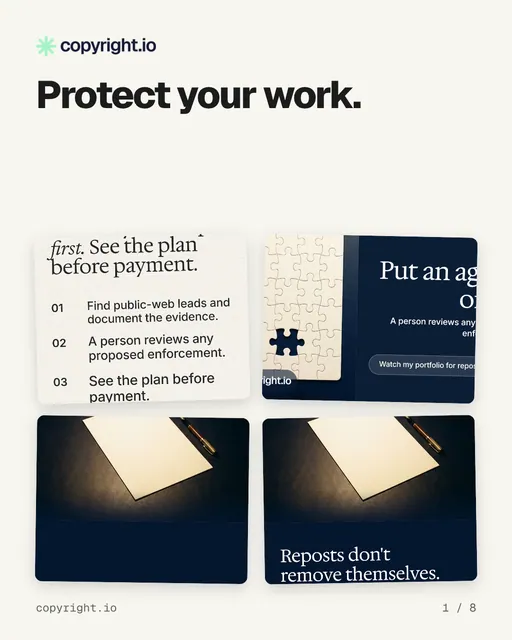 Carousel for copyright.io: "Protect your work.". Collection carousel, 8 slides, light palette.
