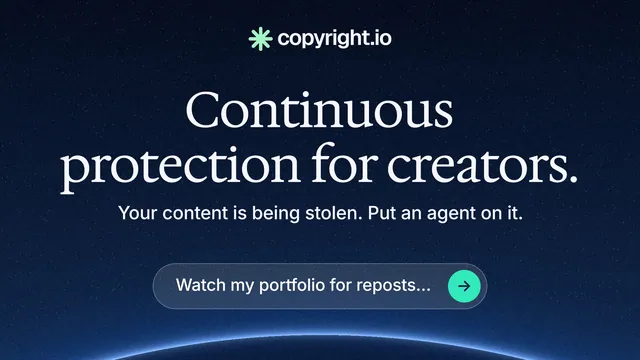 Landscape graphic for copyright.io: "Continuous protection for creators." Agentic glass style, centred layout, dark palette in blue, black.