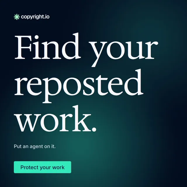 Video for copyright.io: "Find your reposted work.". Doc motion loop, 6.0 s, dark palette.