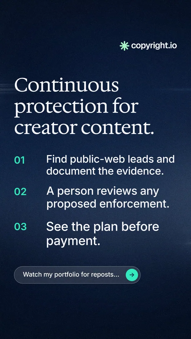 Instagram story for copyright.io: "Continuous protection for creator content." Agentic glass style, numbered layout, dark palette in blue, black.