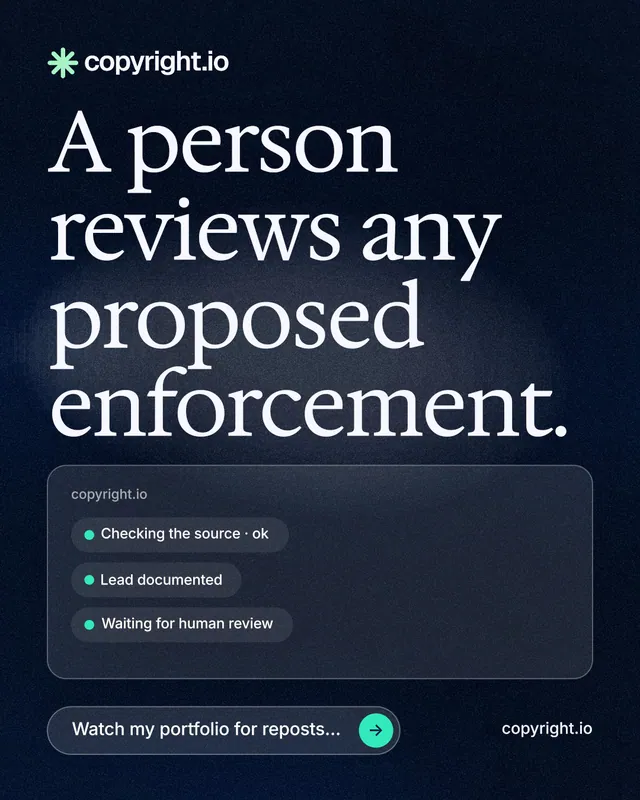 Instagram portrait post for copyright.io: "A person reviews any proposed enforcement." Thermal style, poster layout, dark palette in blue, black, grey.