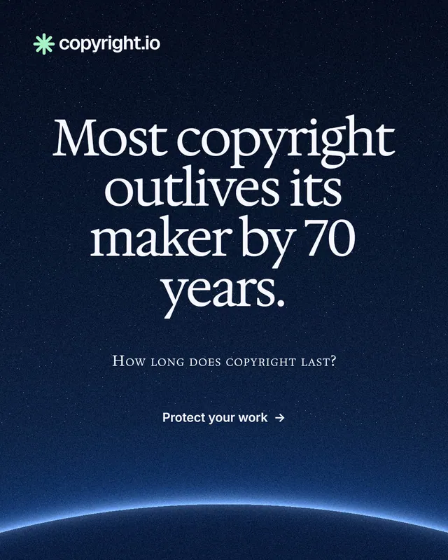Instagram portrait post for copyright.io: "Most copyright outlives its maker by 70 years." Swiss style, smallcaps layout, dark palette in blue, black.