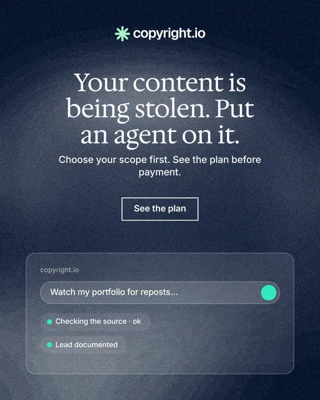 Instagram portrait post for copyright.io: "Your content is being stolen. Put an agent on it." Cyanotype style, centred layout, dark palette in blue, grey.