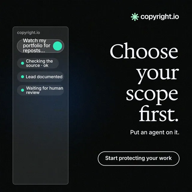 Instagram post for copyright.io: "Choose your scope first." Phosphor atlas style, right layout, dark palette in black, grey.