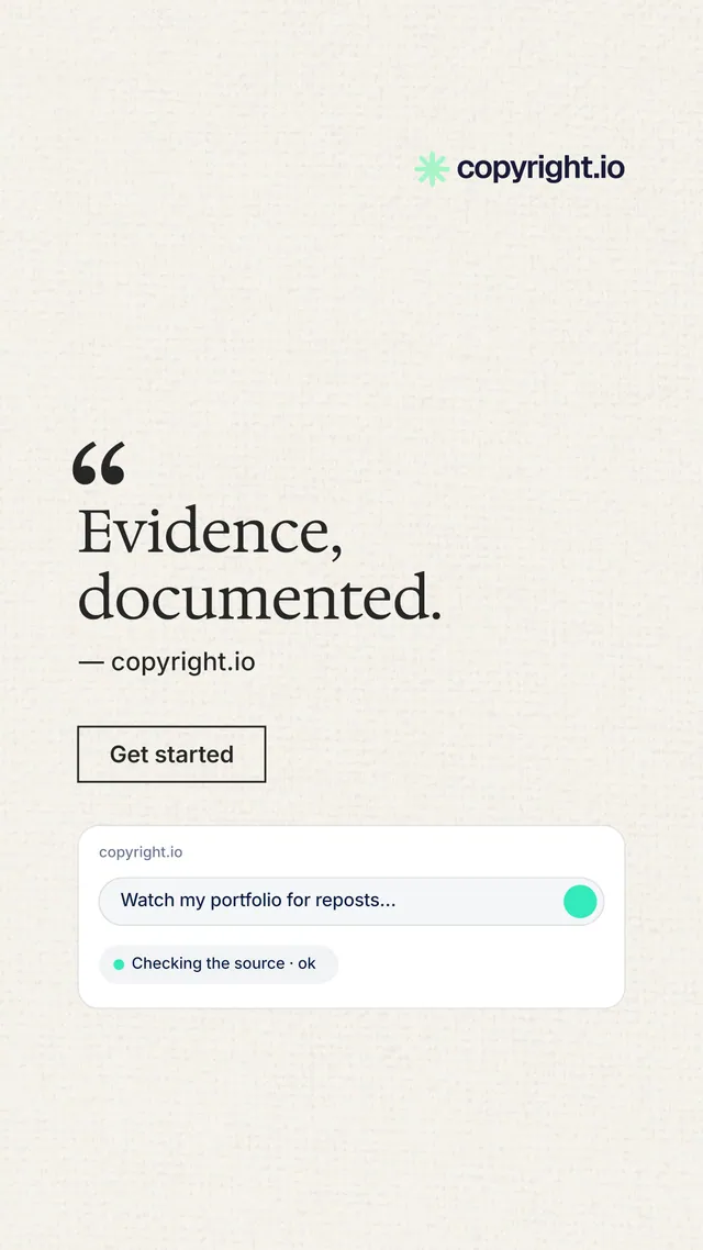 Instagram story for copyright.io: "Evidence, documented." Editorial style, quote layout, light palette in white.