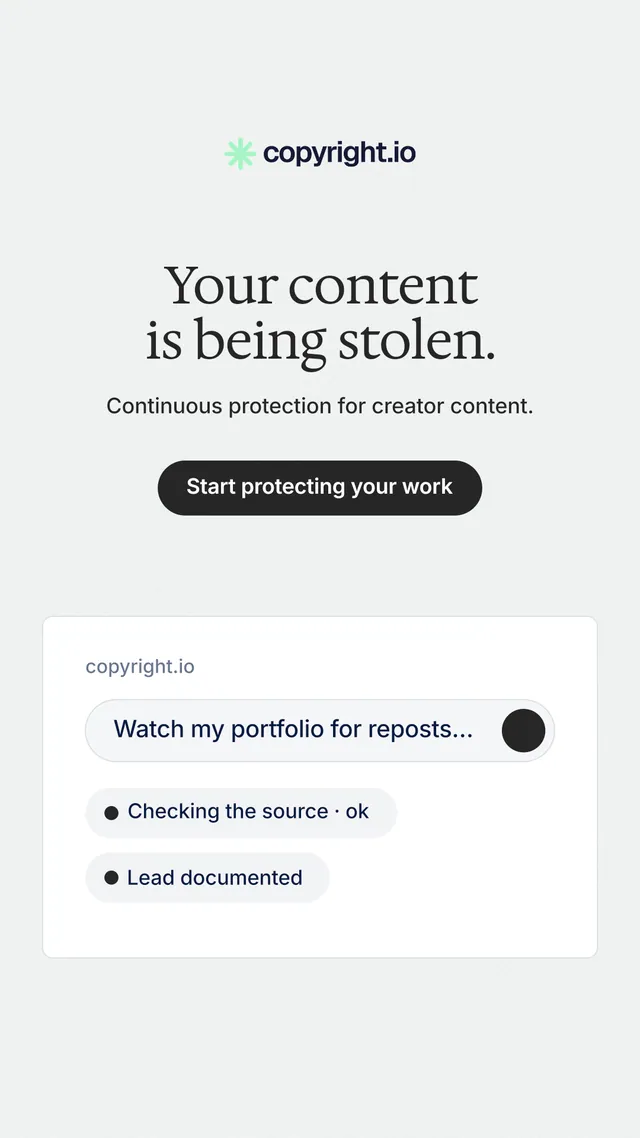 Instagram story for copyright.io: "Your content is being stolen." Data card style, centred layout, light palette in white.