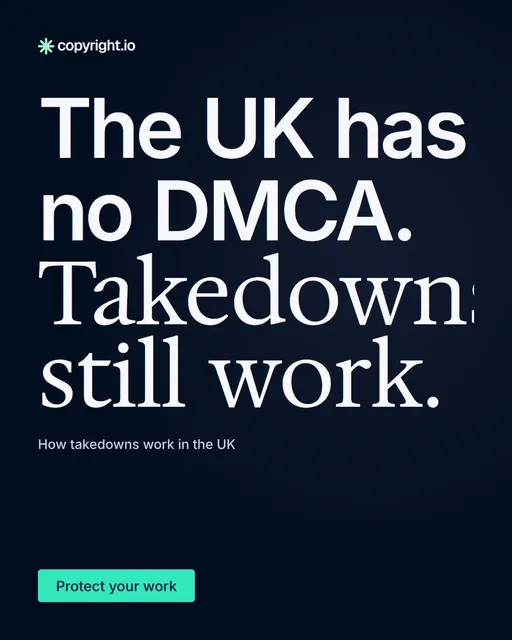 Video for copyright.io: "The UK has no DMCA. Takedowns still work.". Doc motion loop, 8.0 s, dark palette.