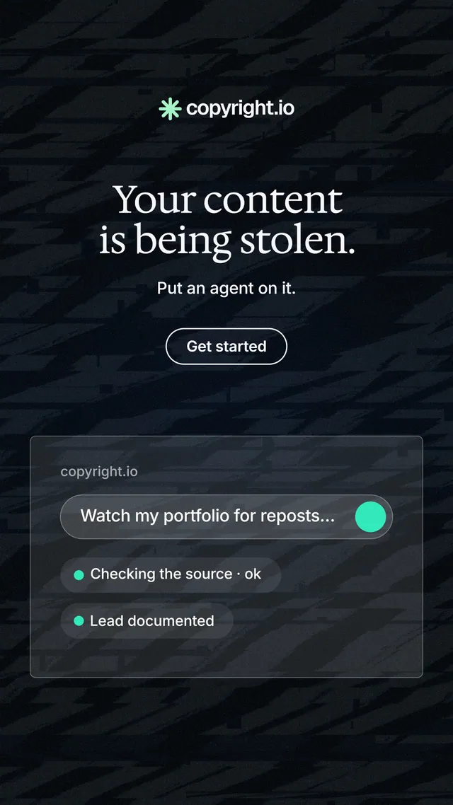 Instagram story for copyright.io: "Your content is being stolen." Phosphor atlas style, centred layout, dark palette in black, grey.