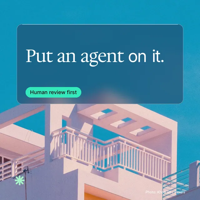 Instagram post for copyright.io: "Put an agent on it." Glass style, technique:pexels ingredient layout, light palette in blue, teal, grey.