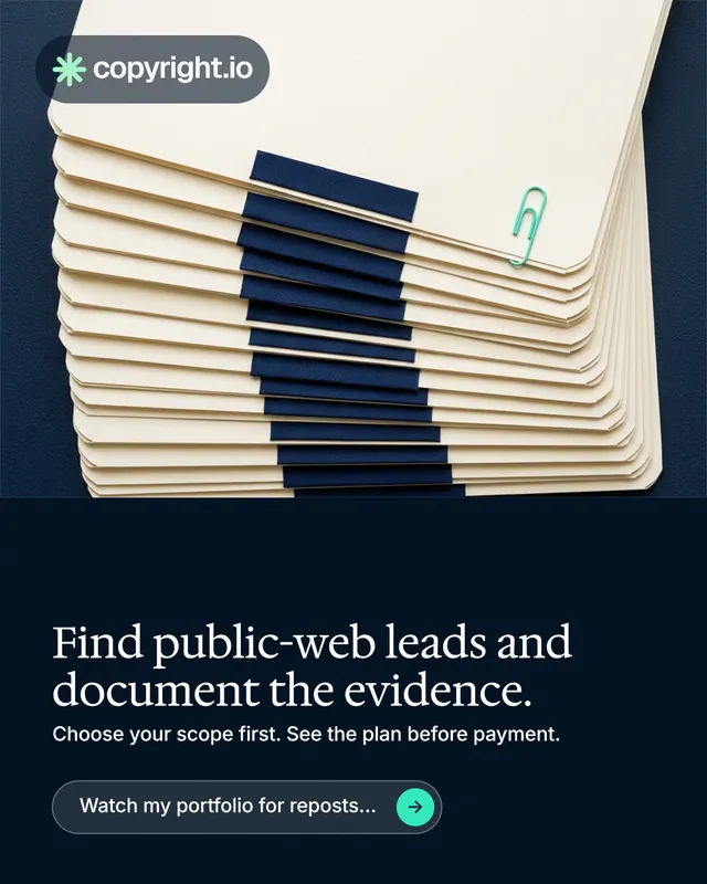 Instagram portrait post for copyright.io: "Find public-web leads and document the evidence." Agentic glass style, bottom layout, dark palette in yellow, black, blue.
