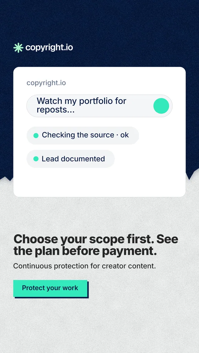Instagram story for copyright.io: "Choose your scope first. See the plan before payment." Paper trio style, bottom layout, light palette in white, blue.