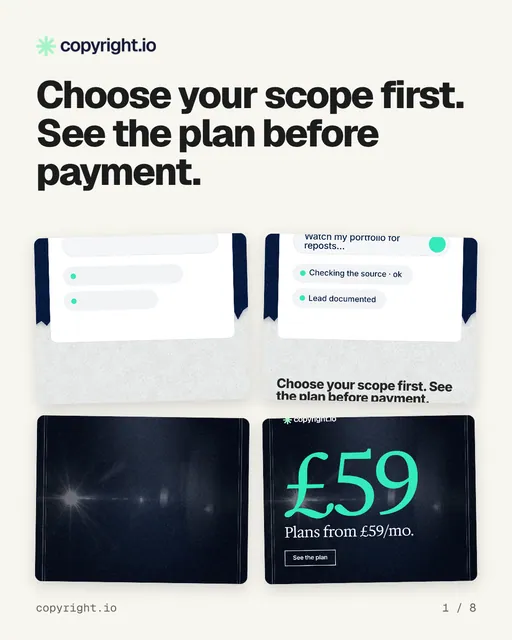 Carousel for copyright.io: "Choose your scope first. See the plan before payment.". Collection carousel, 8 slides, light palette.