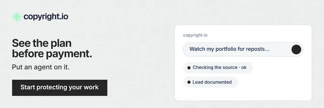 X header for copyright.io: "See the plan before payment." Swiss style, bottom layout, light palette in white, grey.