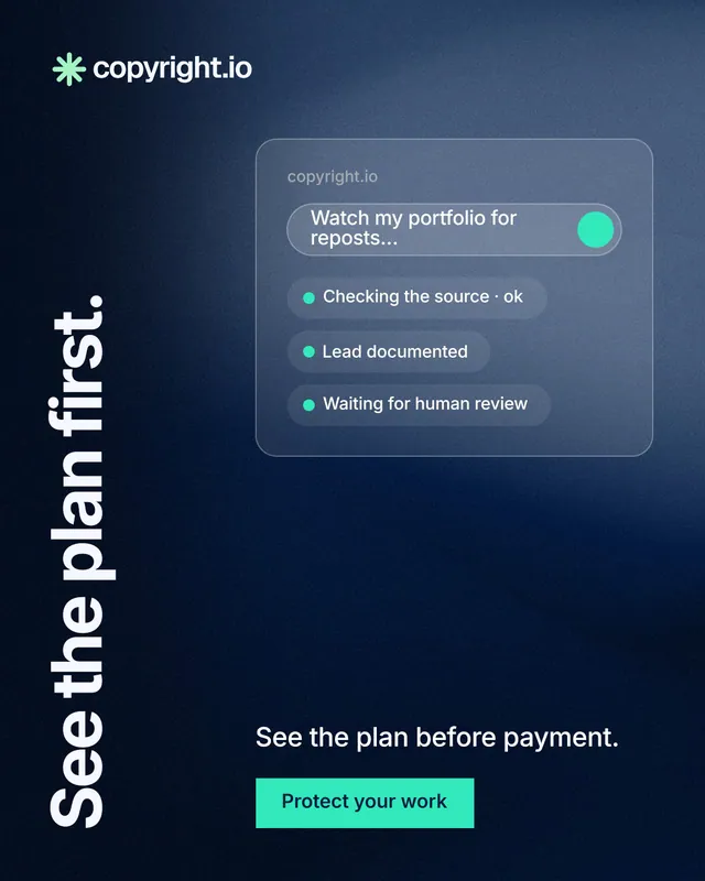 Instagram portrait post for copyright.io: "See the plan first." Swiss style, vertical layout, dark palette in blue, black.