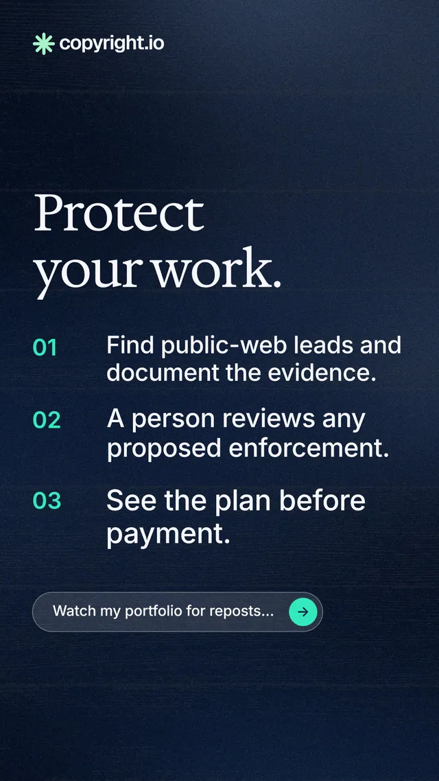 Instagram story for copyright.io: "Protect your work." Agentic glass style, numbered layout, dark palette in blue, black.