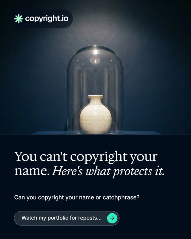 Instagram portrait post for copyright.io: "You can't copyright your name. Here's what protects it." Agentic glass style, bottom layout, dark palette in blue, black, grey.